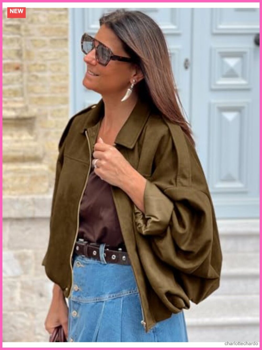 Faux Suede Bomber Jacket Oversized Cropped Coat Lapel Collar Batwing Sleeve Zip - Picture 2 of 6
